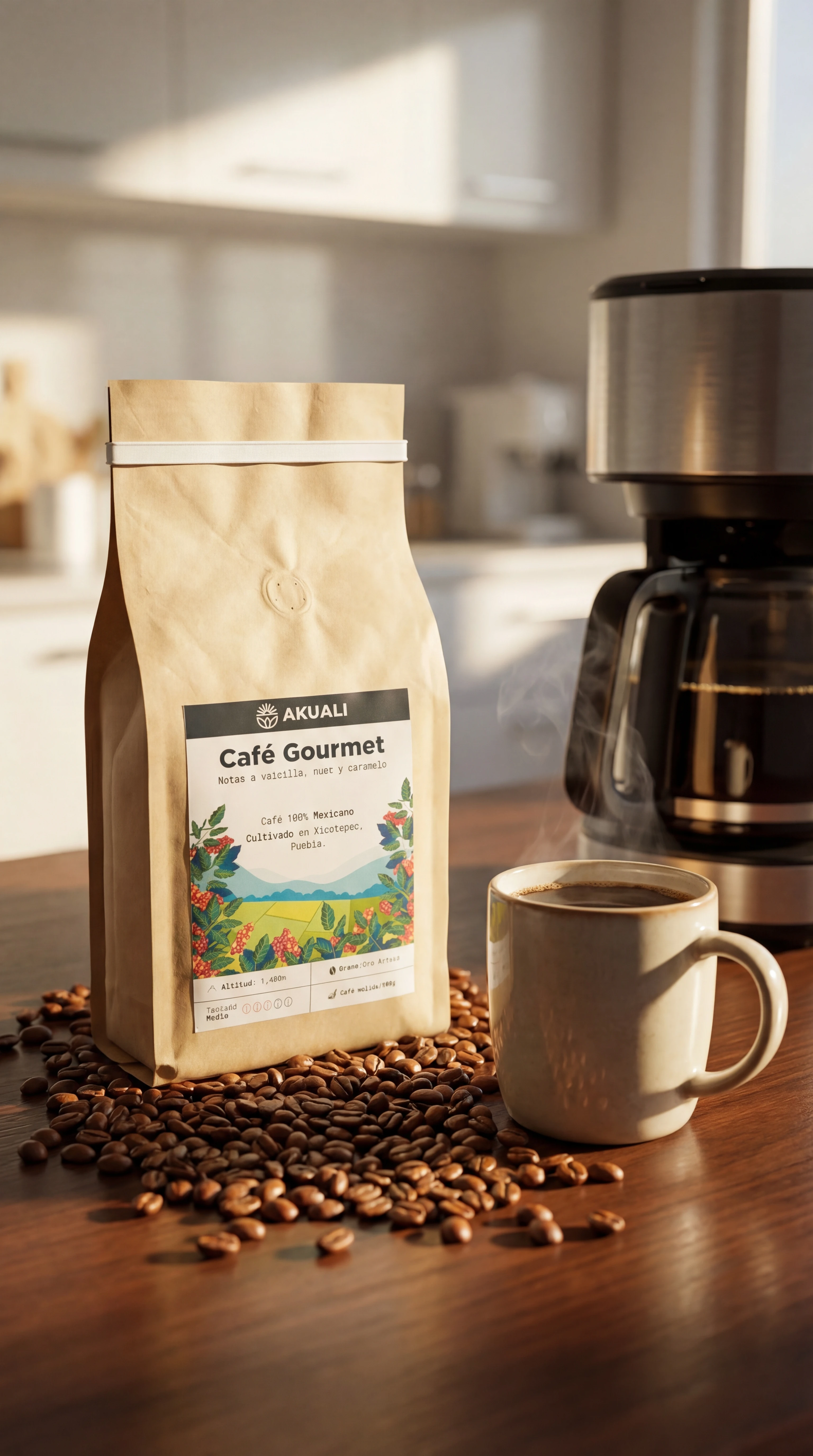 Bolsa de café Akuali junto a taza de café preparado